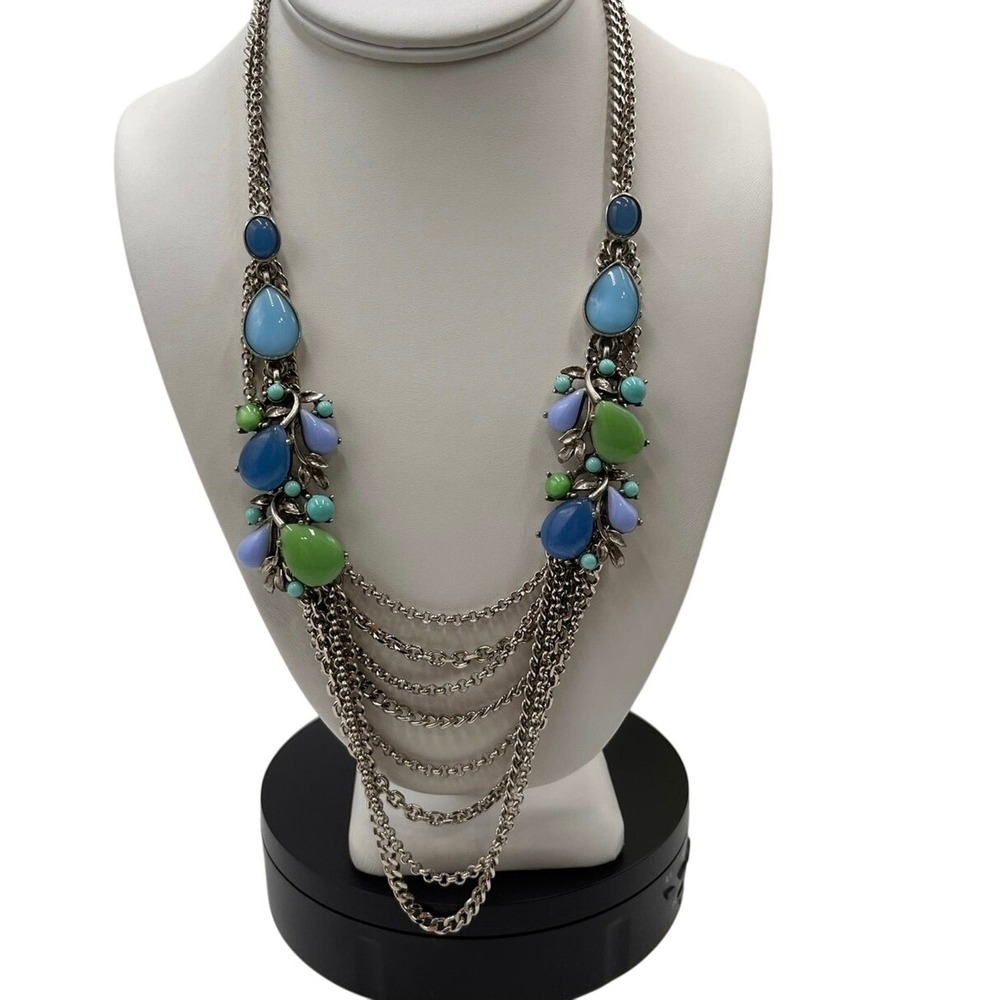 Ben-Amun Vintage Blue Green Purple Cabochon Rhinestone Antique Silver Necklace